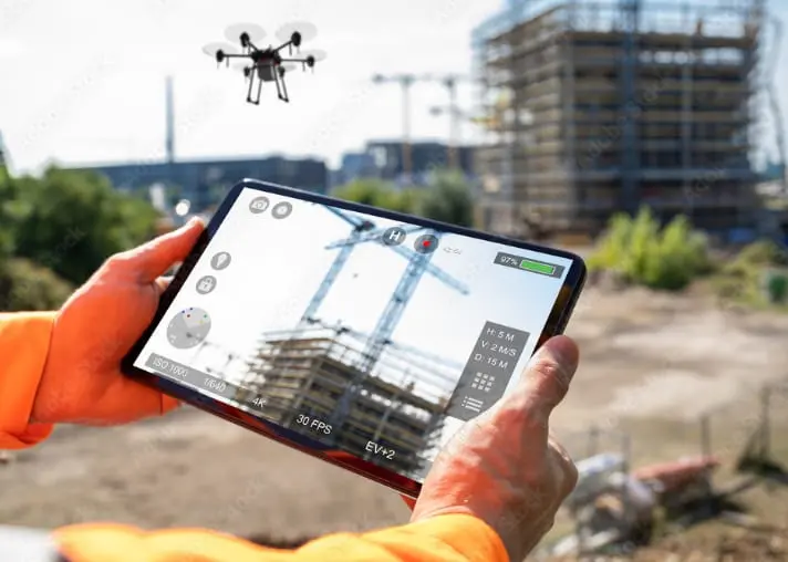 建設現場でタブレットとドローンを操作する様子